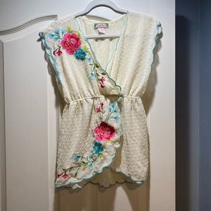Size Small Vintage Inspired Blouse- Cream color with vibrant embroidery